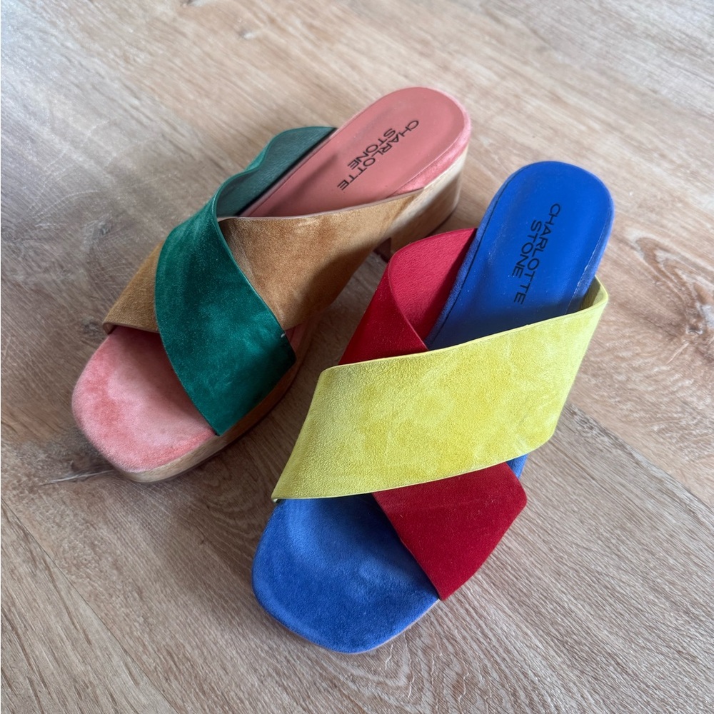 Charlotte Stone Multicolor Suede Crisscross Wedge Mules